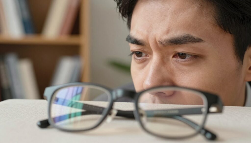 A close-up image depicting various eye symptoms that could indicate a vision defect around -5 diopters. In the foreground, a pair of glasses with strong lenses rests on a soft, blurred surface, symbolizing corrective vision. In the middle ground, a human face is shown in profile, wearing professional business attire, showcasing signs of visual discomfort, such as squinting and furrowed brows. The background features a softly illuminated room with a bookshelf filled with eye care books, creating an informative atmosphere. Warm, diffuse lighting enhances the mood, adding a feeling of concern and contemplation, while the camera angle focuses closely on the eyes, emphasizing their importance in the context of vision health.