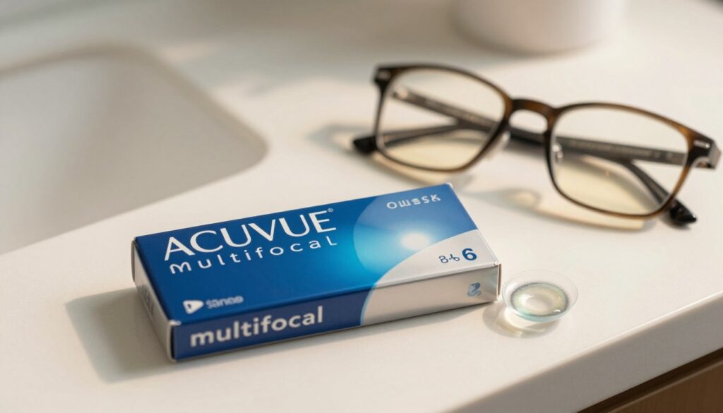 A close-up image of a box of Acuvue Oasys Multifocal contact lenses, elegantly displayed on a clean, modern surface. The foreground features the visually appealing packaging with its signature blue color and design highlighting the "multifocal" aspect prominently. In the middle ground, a pair of glasses with a stylish frame lays beside the contact lens box, symbolizing vision correction options. The background is softly blurred with gentle lighting that creates a calm and professional atmosphere. The overall mood conveys clarity and accessibility in vision solutions. Ensure the composition is well-balanced, emphasizing both the contact lenses and the alternative glasses. Utilize natural lighting for a warm and inviting feel, shot at a slight angle for added depth. A close-up image of a box of Acuvue Oasys Multifocal contact lenses, elegantly displayed on a clean, modern surface. The foreground features the visually appealing packaging with its signature blue color and design highlighting the "multifocal" aspect prominently. In the middle ground, a pair of glasses with a stylish frame lays beside the contact lens box, symbolizing vision correction options. The background is softly blurred with gentle lighting that creates a calm and professional atmosphere. The overall mood conveys clarity and accessibility in vision solutions. Ensure the composition is well-balanced, emphasizing both the contact lenses and the alternative glasses. Utilize natural lighting for a warm and inviting feel, shot at a slight angle for added depth.