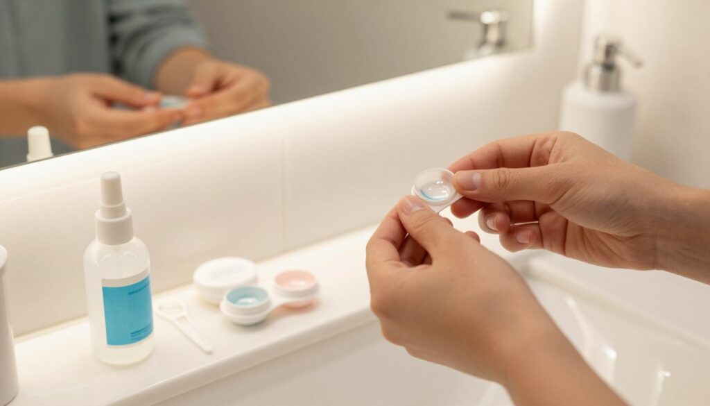 A close-up image of a clean and organized bathroom countertop, featuring various contact lens supplies like a contact lens case, saline solution, and lens applicator, arranged neatly. In the background, a well-lit mirror reflects a pair of hands preparing to insert contact lenses, showcasing proper hygiene with the person wearing modest casual clothing. Soft, warm lighting creates a welcoming and calming atmosphere, emphasizing cleanliness and focus. The angle is slightly above eye level, capturing both the hands and the reflection in the mirror. The overall mood conveys preparation and ease, fostering a sense of confidence for beginners. A close-up image of a clean and organized bathroom countertop, featuring various contact lens supplies like a contact lens case, saline solution, and lens applicator, arranged neatly. In the background, a well-lit mirror reflects a pair of hands preparing to insert contact lenses, showcasing proper hygiene with the person wearing modest casual clothing. Soft, warm lighting creates a welcoming and calming atmosphere, emphasizing cleanliness and focus. The angle is slightly above eye level, capturing both the hands and the reflection in the mirror. The overall mood conveys preparation and ease, fostering a sense of confidence for beginners.