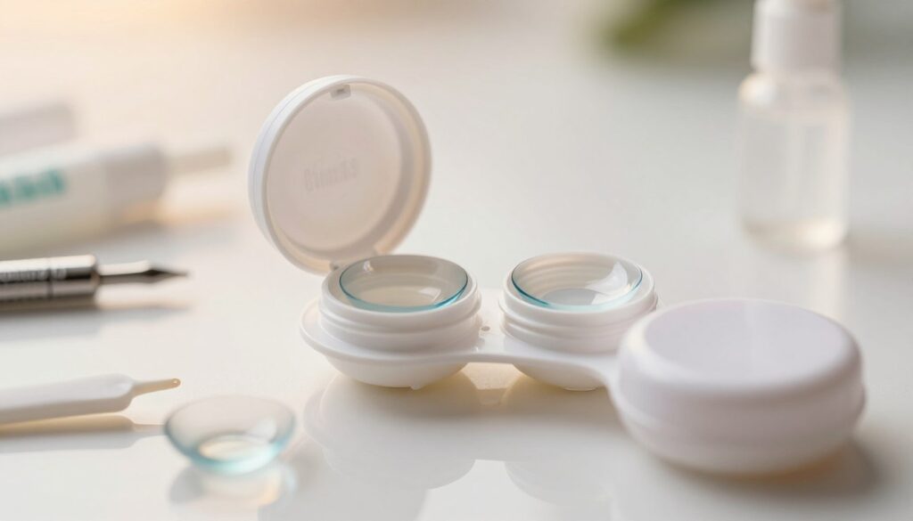 A close-up image of a contact lens container on a clean, reflective surface. The container is open, revealing a pair of clear, soft contact lenses resting inside the compartments. The lid lies beside it, showcasing its sleek design. Surrounding the container are small tools, like a lens applicator and a lens case cleaning solution, gently blurred for depth. The background is softly lit with a warm light, creating an inviting and informative atmosphere. The focus is sharp on the container, with slight bokeh effect to draw attention to the details. The overall mood conveys cleanliness, organization, and care in handling contact lenses, perfect for a tutorial on lens maintenance.