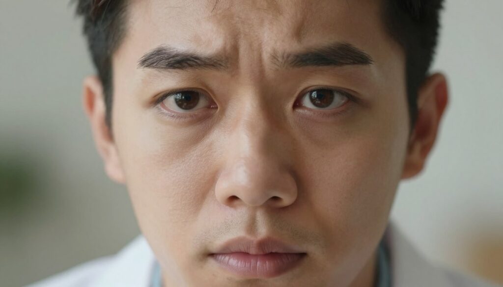 A close-up image of a person experiencing "protruding eyes" due to hyperthyroidism or Graves' disease. The individual has a concerned expression, highlighting the bulging nature of their eyes to emphasize the medical condition. Their face is softly lit, focusing on the eyes and detail of the facial features, with a warm, slightly diffused light to create a serious yet empathetic atmosphere. The background is softly blurred to keep the attention on the subject, adorned in professional attire, such as a white shirt or blouse. The angle is slightly below eye level to accentuate the effect, with a shallow depth of field that enhances the emotional impact while maintaining a clinical and informative tone.