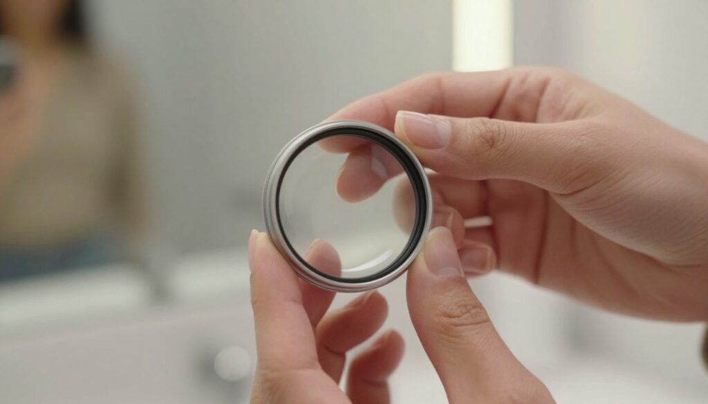 A close-up image of a well-lit, clean optical lens just being set into position, showcasing its correct orientation. In the foreground, the lens is the focal point, displaying its smooth surface and slight curvature under soft, diffused lighting that highlights its transparency. The middle ground features an out-of-focus hand gently holding the lens with carefully manicured fingers, dressed in modest casual clothing. Behind, a softly blurred bathroom or dressing area adds context, with a mirror subtly reflecting ambient light, creating a serene and calm atmosphere. The overall mood is instructional and reassuring, emphasizing the importance of proper lens placement.