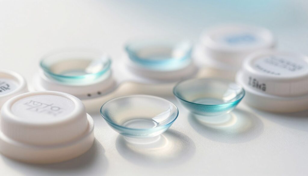 A close-up image of various types of annual contact lenses, including corrective, toric, and specialty lenses, displayed artfully on a light background. In the foreground, showcase a clear lens in a lens case, illuminated by soft, natural light to highlight its curvature and transparency. In the middle ground, arrange multiple lenses side by side, each labeled with their specific features, such as types and dimensions, but without any text overlay. The background should feature a subtle gradient, evoking a clean and hygienic atmosphere. Aim for a bright, professional mood that conveys clarity and precision, emphasizing the importance of lens care and the distinct variations in lens design.
