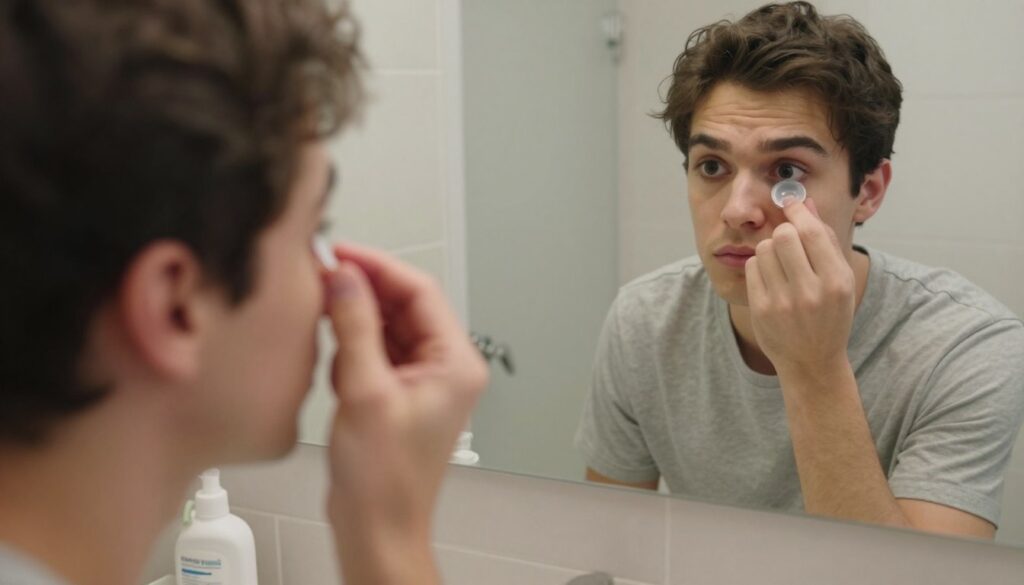 A close-up of a concerned person, a young adult with short dark hair, sitting in a well-lit bathroom, carefully attempting to remove a contact lens from their eye. The foreground showcases the individual's hand positioned near their eye, fingers gently touching the eyelid. The middle ground features a mirror reflecting the person’s focused expression, with a few contact lens care items like lens solution and tweezers on the sink beside them. The background consists of soft, muted tiles to enhance the feeling of a calming environment. Natural lighting pours in, creating a peaceful atmosphere. The overall mood conveys concentration and safety, emphasizing the careful process of lens removal without causing eye irritation.