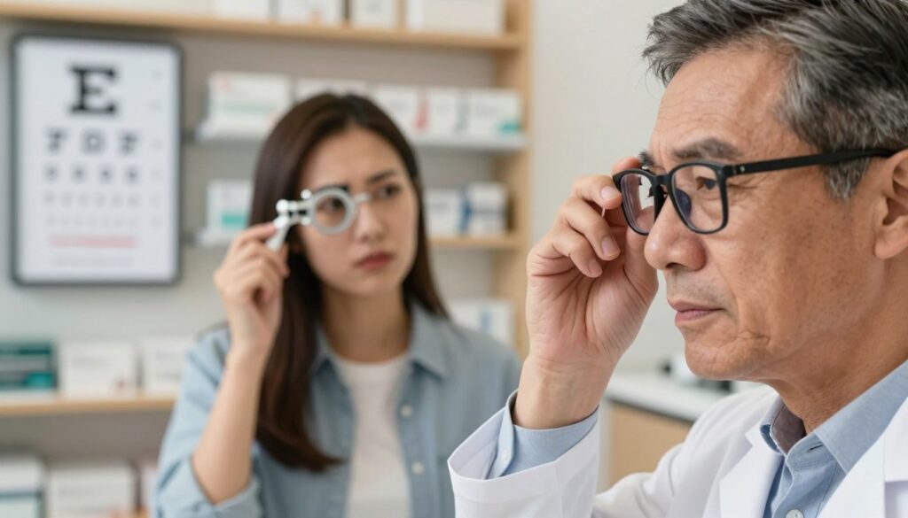 A close-up of a diverse group of individuals in a modern, well-lit vision clinic, showcasing a professional atmosphere. In the foreground, a middle-aged man wears glasses while examining an eye chart, visibly squinting to read, symbolizing deteriorating vision. Nearby, a young woman in casual attire holds an eye exam tool, displaying a concerned expression, representing the impact of myopia and hyperopia. In the background, shelves lined with eye care products and charts detailing astigmatism are visible, softly blurred to keep focus on the subjects. Warm, soft lighting creates a reassuring environment, emphasizing the seriousness yet approachability of eye care. The image captures a sense of urgency and care regarding eye health, encouraging viewers to reflect on vision changes.