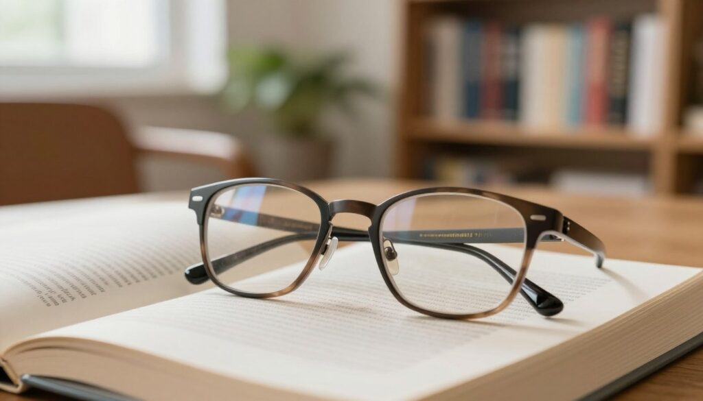 A close-up of a pair of stylish eyeglasses resting on a soft, open book, surrounded by a serene study environment. In the foreground, the glasses are highlighted with soft, natural light, casting gentle reflections on the lenses, suggesting clarity. The middle ground includes blurred elements such as a calm indoor setting with a comfortable chair and a potted plant, enhancing the scholarly ambience. The background is softly illuminated, featuring bookshelves lined with academic texts, all bathed in warm, inviting light from a nearby window. The overall mood conveys a sense of contemplation and awareness about vision health, emphasizing the importance of eye care in everyday life.