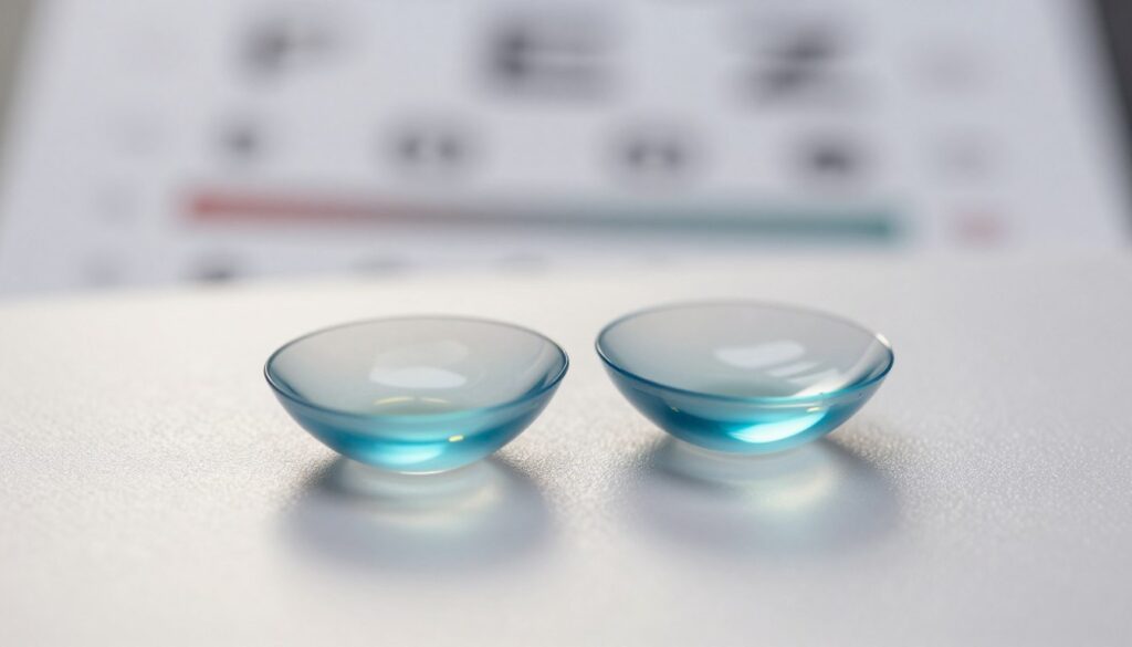 A close-up of a pair of toric contact lenses placed on a soft, reflective surface, showcasing their unique design. The lenses should have subtle gradients and markings to indicate their corrective features, emphasizing astigmatism correction. In the background, a blurred vision chart is faintly visible, representing the clarity they provide. Soft, diffused lighting highlights the lenses, casting gentle shadows to create depth. The image has a clinical yet inviting atmosphere, suitable for a professional setting. The overall composition should be clean and focused, ensuring the toric lenses are the main subject without distractions, evoking a sense of precision and innovation in vision correction.