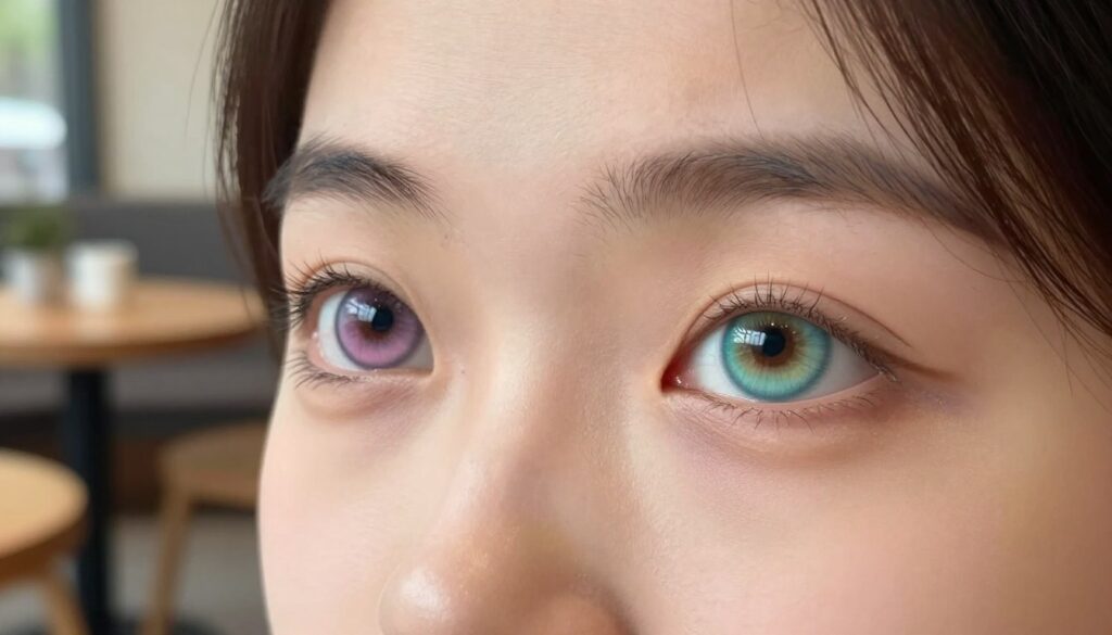 A close-up of a person comfortably wearing colored monthly contact lenses, showcasing their eyes with a focus on clarity and hydration. The foreground features the eyes significant and expressive, highlighting the vibrant colors of the lenses. The middle ground captures the gentle reflection of natural light that enhances the eyes, suggesting moisture and comfort. The background is softly blurred, hinting at a serene indoor environment, perhaps a cozy living space or a cafe, to evoke an atmosphere of relaxation. Soft, warm lighting illuminates the scene, reinforcing a feeling of well-being and health. The individual is dressed in modest casual attire, emphasizing the everyday aspect of wearing contact lenses.