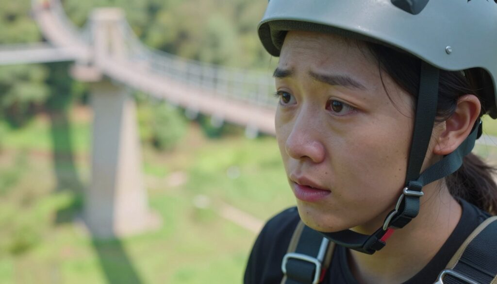 A close-up of a person preparing for a bungee jump, focusing on their face and eyes, conveying a sense of determination mixed with apprehension. The subject wears a comfortable harness and a safety helmet, portraying a careful attitude towards safety. In the background, vibrant nature surrounds a high bridge, emphasizing the thrill of the experience. Soft, diffused sunlight filters through the trees, casting gentle shadows on the ground, enhancing the serene yet exhilarating atmosphere. The person's expression reflects contemplation, highlighting the importance of being cautious about their eyesight before the jump. Use a shallow depth of field to blur the background slightly, bringing the subject into sharp focus. The overall mood should be a blend of excitement and caution, illustrating the importance of awareness and preparedness in adventure sports.