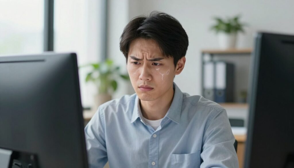 A close-up of a person sitting in a brightly lit office, looking intently at a computer screen. The individual, a young professional in smart casual attire, has a furrowed brow and slightly squinted eyes, conveying concern or focus. In the background, subtle visual distortions such as blurriness or wavy lines represent the symptoms of vision disturbances, illustrating a juxtaposition between clarity and confusion. Soft, natural light streams in through a window, creating a calm atmosphere, while the slight glare from the screen emphasizes the strain on the eyes. The room is decorated with plants and modern furnishings, enhancing a sense of professionalism. Overall, the image captures the tension between mental stress and physical vision symptoms, evoking a thoughtful mood surrounding the topic. A close-up of a person sitting in a brightly lit office, looking intently at a computer screen. The individual, a young professional in smart casual attire, has a furrowed brow and slightly squinted eyes, conveying concern or focus. In the background, subtle visual distortions such as blurriness or wavy lines represent the symptoms of vision disturbances, illustrating a juxtaposition between clarity and confusion. Soft, natural light streams in through a window, creating a calm atmosphere, while the slight glare from the screen emphasizes the strain on the eyes. The room is decorated with plants and modern furnishings, enhancing a sense of professionalism. Overall, the image captures the tension between mental stress and physical vision symptoms, evoking a thoughtful mood surrounding the topic.