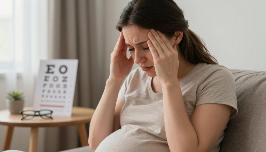 A close-up of a pregnant woman sitting in a cozy, softly lit room, holding her head in her hands, depicting a sense of concern. She has a worried expression, conveying the challenges of vision disturbances during pregnancy. In the foreground, focus on her face, showing her eyes displaying signs of strain or discomfort. In the middle ground, a small table with a pair of glasses and an eye chart to signify vision issues. The background includes a window with gentle daylight filtering through sheer curtains, creating a calm yet somber atmosphere. The colors are warm and muted to evoke tenderness and concern, shot at eye level to foster connection with the viewer. No text or disturbing elements; just a poignant illustration of eye discomfort in pregnancy.
