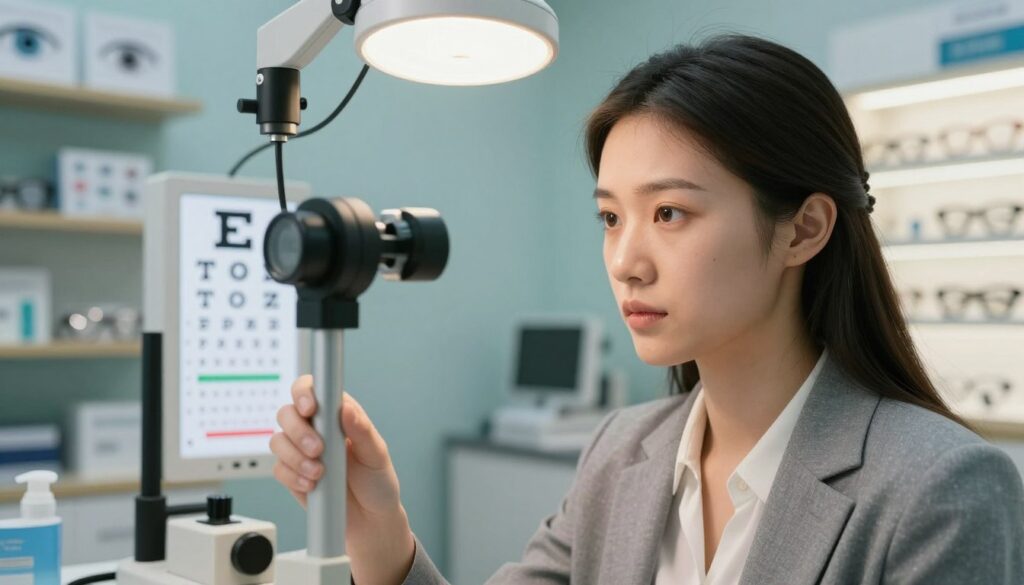 A close-up of a young professional woman in business attire at an eye examination clinic, examining a color vision test chart. In the foreground, her focused expressions convey determination and care for her eyesight. The middle ground features detailed eye care equipment like an eye chart, a phoropter, and a bright lamp illuminating the scene with soft, natural lighting. The background includes soothing blue and green tones of a modern clinic, with shelves holding eye health pamphlets and glasses displays, contributing to a calm atmosphere. The overall mood is one of proactive health awareness and preventive care for vision. Use a slight depth of field to highlight the woman and equipment in sharp focus while gently blurring the background.