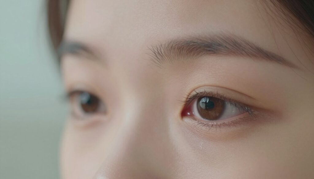 A close-up of sensitive eyes, focusing on their gentle and vulnerable expression, reflecting a sense of care and concern. The foreground features beautifully detailed eyes, framed by natural, soft eyelashes. In the middle, there are subtle elements like a hint of tears or a soft light reflecting off the surface, emphasizing their sensitivity. The background is softly blurred, suggesting a serene environment, perhaps with soft colors like pastel blues and greens, enhancing the soothing atmosphere. The lighting is gentle and diffused, creating a warm, comforting mood. Captured from a slightly elevated angle, the image invites the viewer to appreciate the delicacy and emotional depth of the subject. The overall composition evokes a sense of empathy and understanding.