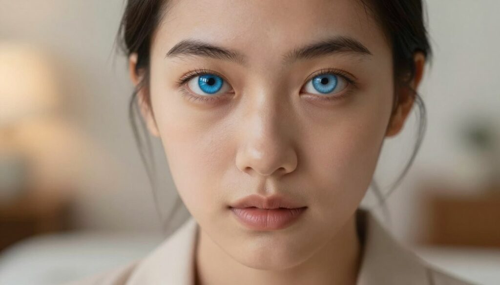 A close-up photograph of a model with medium skin tone, showcasing two different shades of blue contact lenses. The model is wearing a minimalistic, stylish outfit in neutral tones, enhancing the focus on their expressive eyes. The left eye features a bright, vibrant blue lens, while the right eye has a softer, more natural blue tone, highlighting the contrast and versatility in choosing the right shade. The background is softly blurred, suggesting a softly lit room with warm, diffused lighting to create an inviting atmosphere. The image captures an intimate moment, with gentle reflections in the model's eyes that suggest depth and personality, emphasizing the importance of matching contact lenses to eye color and skin tone.