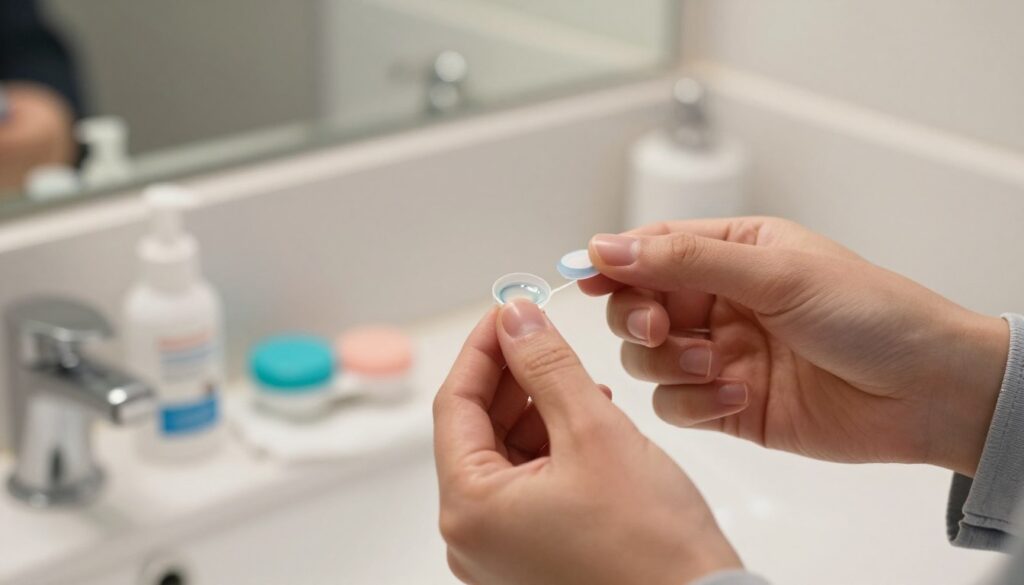 A close-up scene capturing a well-lit bathroom countertop, neatly organized with contact lens care products. In the foreground, a pair of hands, dressed in professional casual attire, gently holds a contact lens between the thumb and forefinger, demonstrating proper hygiene. Visible in the middle ground are a contact lens case, solution bottle, and a soft microfiber cloth. The background features a mirror reflecting soft, natural light, enhancing the calming atmosphere. The focus is sharp on the hands and lens, with a slight bokeh effect on the surrounding items to create a sense of warmth and safety. The overall mood is informative and encouraging, promoting good practices for contact lens hygiene.