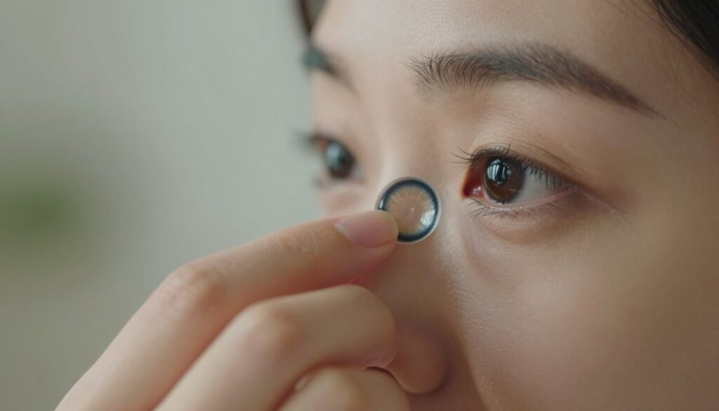 A close-up scene featuring a person in modest casual clothing carefully inserting a colored black contact lens into their eye, showcasing the intricate details of the lens and the person's focused expression. The foreground highlights the hand gently holding the lens, while the middle ground depicts the eye in detail, emphasizing proper technique. The background is softly blurred with warm, natural lighting that creates a calm and safe atmosphere, conveying a sense of care and precision. The image should be captured at eye level, using a shallow depth of field to draw attention to the action of putting in the contact lens, while avoiding distractions in the background.