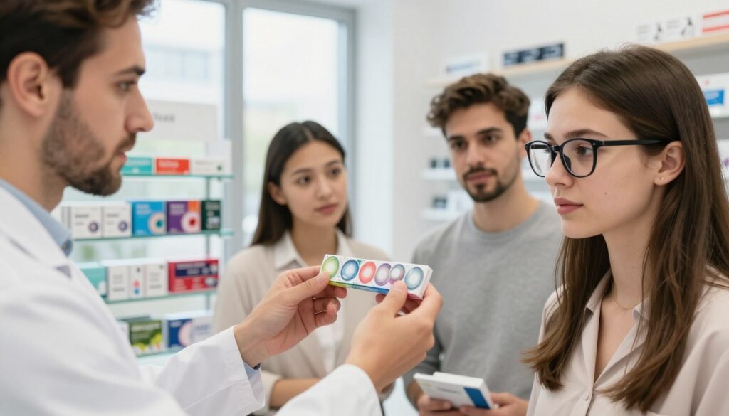 A close-up shot of a diverse group of people in a bright, modern optometry clinic examining various types of contact lenses. The foreground features a professional optometrist, dressed in a white lab coat, showing color and design options to a young woman wearing stylish glasses. In the background, shelves display a variety of contact lens boxes in vibrant, eye-catching packaging. Soft, natural lighting floods the scene from large windows, creating a welcoming atmosphere. The focus is on the interaction between the optometrist and the customer, capturing their expressions of interest and curiosity. The overall mood is informative and engaging, reflecting the theme of contact lens pricing and options in Poland, with an emphasis on accessibility and quality. A close-up shot of a diverse group of people in a bright, modern optometry clinic examining various types of contact lenses. The foreground features a professional optometrist, dressed in a white lab coat, showing color and design options to a young woman wearing stylish glasses. In the background, shelves display a variety of contact lens boxes in vibrant, eye-catching packaging. Soft, natural lighting floods the scene from large windows, creating a welcoming atmosphere. The focus is on the interaction between the optometrist and the customer, capturing their expressions of interest and curiosity. The overall mood is informative and engaging, reflecting the theme of contact lens pricing and options in Poland, with an emphasis on accessibility and quality.