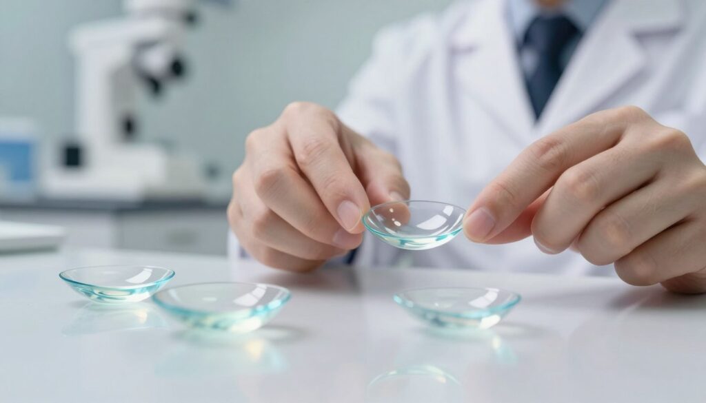 A close-up view of ICL (Implantable Collamer Lens) eye lenses arranged artistically on a reflective surface, showcasing their intricate design and transparency. In the foreground, focus on the lenses with a soft glow highlighting their curvature and optical clarity. The middle ground features a pair of professional hands gently holding one of the lenses, symbolizing care and precision, dressed in modest, professional attire. In the background, a blurred depiction of a sleek ophthalmology clinic environment, with soft lighting that creates a calm and sterile atmosphere, accentuating the modernity of eye care technology. The overall mood should communicate professionalism and innovation in vision correction alternatives. A close-up view of ICL (Implantable Collamer Lens) eye lenses arranged artistically on a reflective surface, showcasing their intricate design and transparency. In the foreground, focus on the lenses with a soft glow highlighting their curvature and optical clarity. The middle ground features a pair of professional hands gently holding one of the lenses, symbolizing care and precision, dressed in modest, professional attire. In the background, a blurred depiction of a sleek ophthalmology clinic environment, with soft lighting that creates a calm and sterile atmosphere, accentuating the modernity of eye care technology. The overall mood should communicate professionalism and innovation in vision correction alternatives.