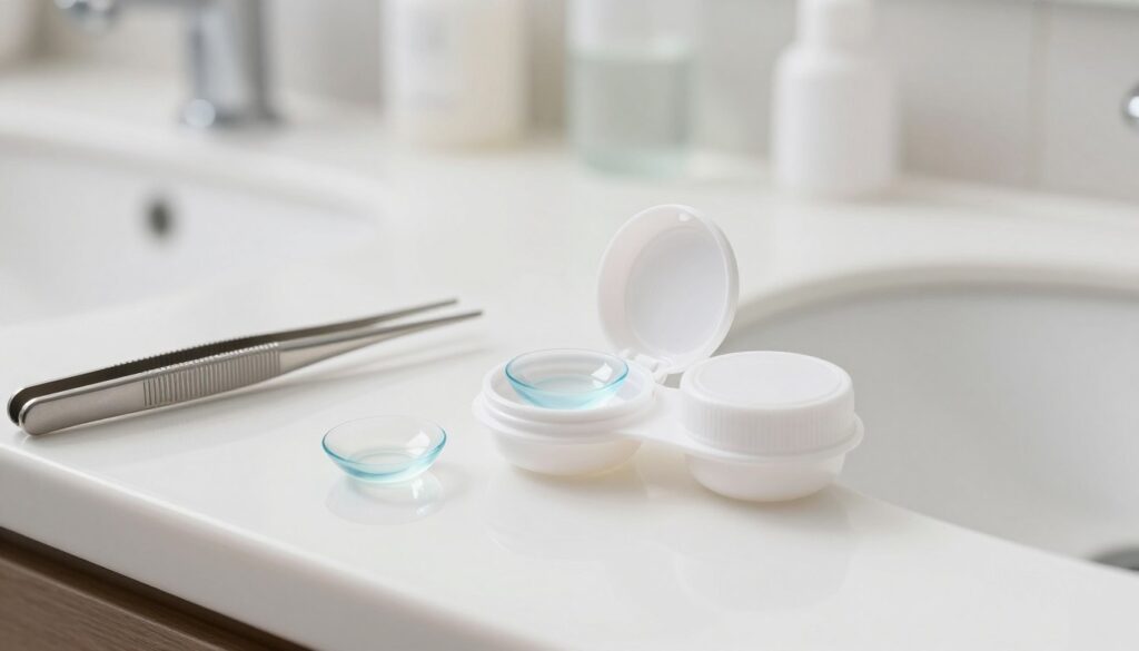 A close-up view of a clean, well-lit bathroom countertop dedicated to contact lens care. In the foreground, a pair of precision tweezers, designed for handling contact lenses, lies next to a small container of contact lens solution. In the middle, a pair of clear contact lenses sits in a lens case with one of the lids slightly open, reflecting soft light. In the background, a mirror and blurred bathroom items like a towel and a sink are faintly visible. Bright, natural lighting enhances the fresh, hygienic atmosphere, hinting at cleanliness and careful maintenance. Overall, the mood is calm and professional, illustrating a safe and methodical approach to cleaning contact lenses. A close-up view of a clean, well-lit bathroom countertop dedicated to contact lens care. In the foreground, a pair of precision tweezers, designed for handling contact lenses, lies next to a small container of contact lens solution. In the middle, a pair of clear contact lenses sits in a lens case with one of the lids slightly open, reflecting soft light. In the background, a mirror and blurred bathroom items like a towel and a sink are faintly visible. Bright, natural lighting enhances the fresh, hygienic atmosphere, hinting at cleanliness and careful maintenance. Overall, the mood is calm and professional, illustrating a safe and methodical approach to cleaning contact lenses.