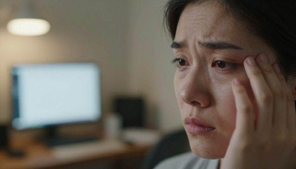 A close-up view of a concerned individual gazing into the distance, displaying subtle signs of visual strain. The person's eyes are slightly squinted, with a hint of discomfort, while they touch their forehead lightly. In the middle ground, a blurred collection of everyday objects, such as books, a computer screen, and bright light sources that create a sense of distortion, representing common visual disturbances. The background features a softly lit room with warm, ambient lighting that enhances the mood of concern and contemplation. The overall atmosphere conveys a sense of urgency and introspection regarding eyesight issues. The image should be captured with a shallow depth of field, focusing on the individual's expression while keeping the surrounding elements softly blurred.