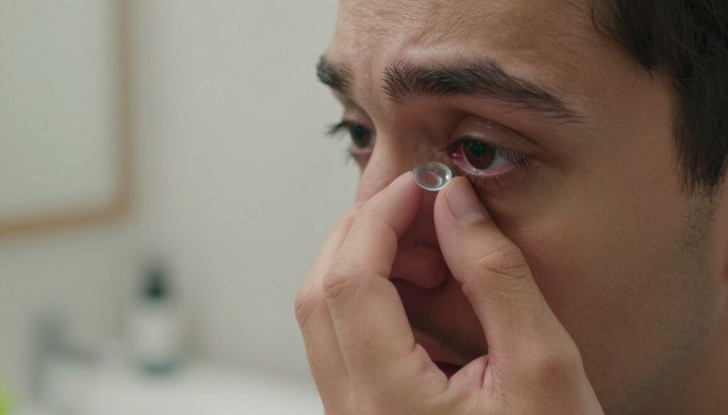 A close-up view of a concerned person gently holding their eye open with one hand, while with the other hand they are skillfully trying to retrieve a contact lens that is stuck. The person is depicted in a modest, casual setting with soft, natural lighting that highlights the texture of their skin and the detail of their eye, showcasing the lens. In the background, a blurred bathroom with a mirror and minimal personal items gives context without distraction. The atmosphere is calm and focused, emphasizing the seriousness and sensitivity of the situation. The angle is slightly tilted for a dynamic perspective, capturing the intricate details of the eye and lens without any text or identifiers.