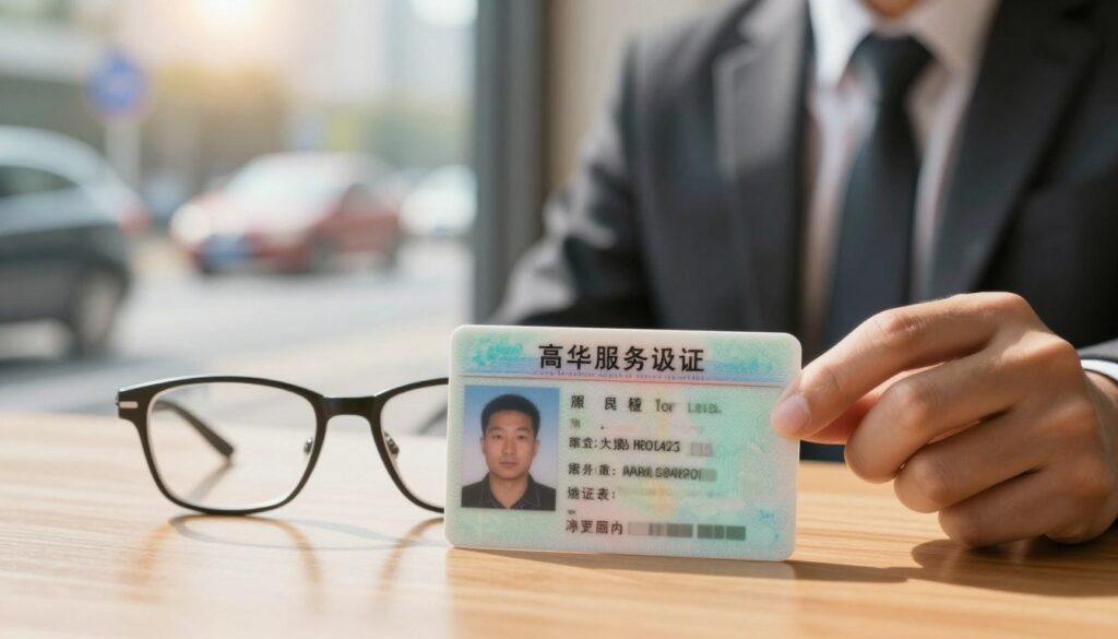 A close-up view of a driver's license lying on a wooden table, partially obscured by a pair of glasses, symbolizing vision impairment. In the background, a soft-focus urban setting shows blurred traffic and road signs, emphasizing the driving theme. The lighting is warm and inviting, creating a thoughtful atmosphere, as sunlight streams in from a nearby window, casting gentle shadows. A professional individual, dressed in business attire, is examining the driver's license thoughtfully, with a slight frown, reflecting on the implications of vision problems on driving eligibility. The overall mood is serious yet contemplative, reinforcing the importance of vision assessments in relation to driving.
