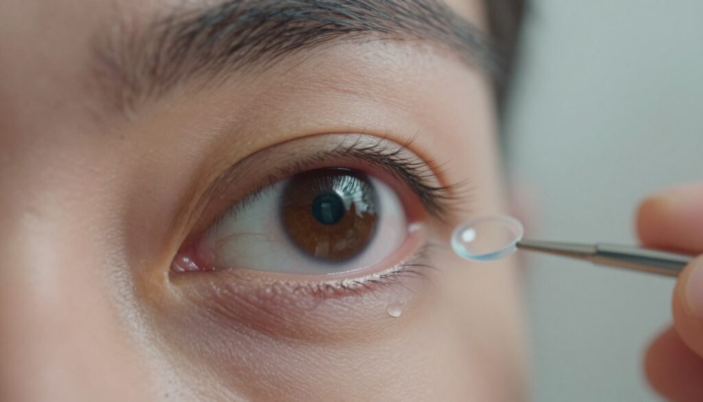 A close-up view of a human eye, focusing on the iris and pupil, showcasing a contact lens partially stuck against the eye surface. The eye should appear concerned yet calm, demonstrating a sense of urgency without panic. Soft, diffused lighting highlights the details of the eye and the clear lens, creating a sense of realism. In the background, slightly blurred medical instruments and an abstract depiction of an eye care setting suggest a professional atmosphere. The overall mood should convey thoughtful contemplation, emphasizing the common issues of contact lenses without causing distress. The angle should be slightly tilted, giving a dynamic perspective while maintaining clarity on the eye's condition.