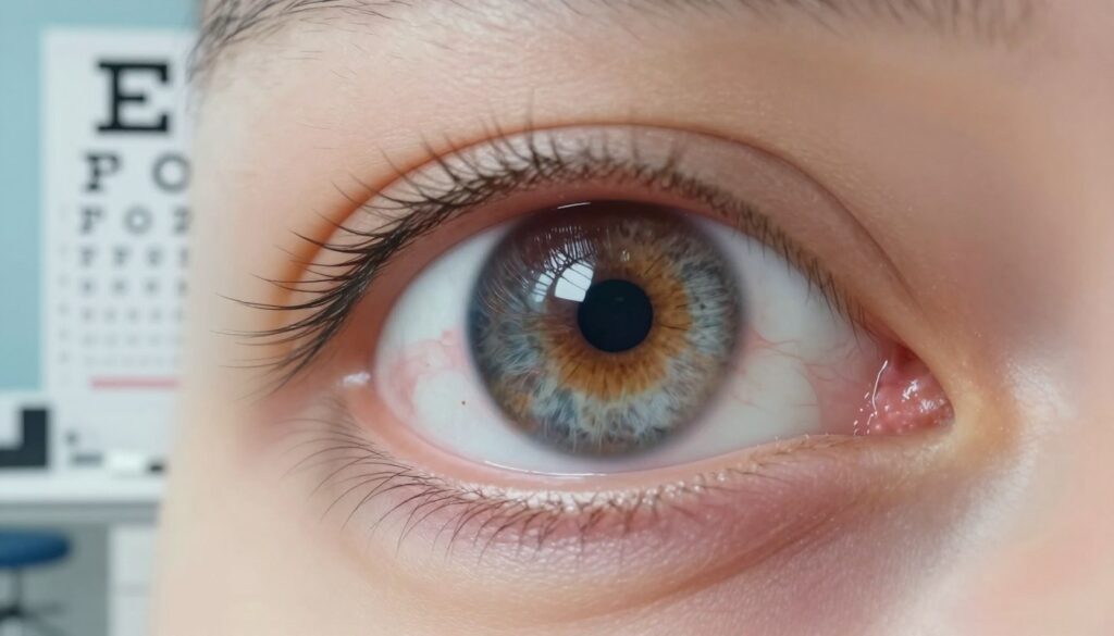 A close-up view of a human eye, highly detailed, showcasing various eye diseases such as cataracts, glaucoma, and macular degeneration. In the foreground, the eye is illuminated by soft, diffused lighting that highlights the textures and colors of the iris and sclera. The middle ground features a subtle representation of eye charts and medical instruments, symbolizing the clinical aspect of eye health. In the background, a blurred out but professional environment resembling an ophthalmologist's clinic, with soft blue and white tones conveying a sense of calm and seriousness. The overall mood is informative and thought-provoking, emphasizing the importance of eye health and the impact of diseases on vision.