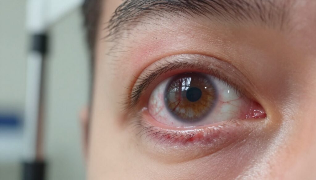 A close-up view of a human eye showing a corneal ulcer (owrzodzenie rogówki), with emphasis on the texture and details of the damaged cornea. The image should depict nuances like redness, swelling, and potential infection. In the foreground, focus on the eye, capturing reflections of soft light to highlight the moisture on the surface. The middle ground should be softly blurred, featuring medical instruments or an eye exam setting, hinting at a clinical atmosphere. The background should be a neutral, sterile environment with soft, diffused lighting to evoke a sense of concern and urgency. Use a shallow depth of field to draw attention to the cornea and create a somber yet informative mood, showcasing the severity of the condition. A close-up view of a human eye showing a corneal ulcer (owrzodzenie rogówki), with emphasis on the texture and details of the damaged cornea. The image should depict nuances like redness, swelling, and potential infection. In the foreground, focus on the eye, capturing reflections of soft light to highlight the moisture on the surface. The middle ground should be softly blurred, featuring medical instruments or an eye exam setting, hinting at a clinical atmosphere. The background should be a neutral, sterile environment with soft, diffused lighting to evoke a sense of concern and urgency. Use a shallow depth of field to draw attention to the cornea and create a somber yet informative mood, showcasing the severity of the condition.