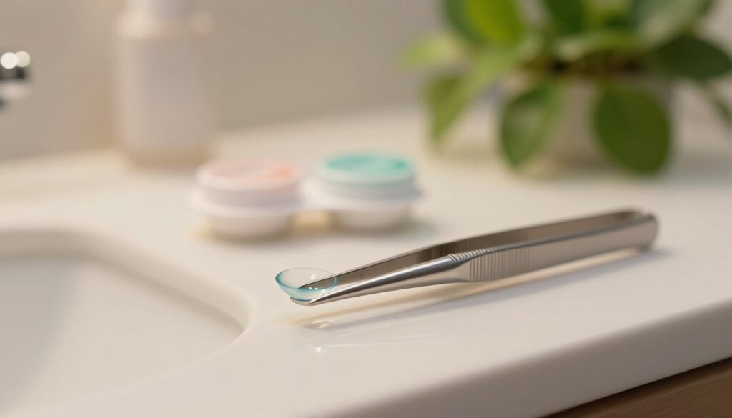 A close-up view of a pair of contact lens tweezers, elegantly designed with a sleek and ergonomic shape, prominently displayed on a clean, soft-focus bathroom countertop. In the foreground, the tweezers gleam under warm, inviting light, highlighting their precision tips ideal for handling contact lenses safely. In the middle background, a blurred contact lens case adds context, while a lush green plant peeks from the side, enhancing a fresh and hygienic atmosphere. The scene is softly illuminated, creating a calm and professional mood, suggesting a safe and practical approach to contact lens care. The angle is slightly tilted, giving depth to the composition, emphasizing the importance of having the right tools for contact lens management. A close-up view of a pair of contact lens tweezers, elegantly designed with a sleek and ergonomic shape, prominently displayed on a clean, soft-focus bathroom countertop. In the foreground, the tweezers gleam under warm, inviting light, highlighting their precision tips ideal for handling contact lenses safely. In the middle background, a blurred contact lens case adds context, while a lush green plant peeks from the side, enhancing a fresh and hygienic atmosphere. The scene is softly illuminated, creating a calm and professional mood, suggesting a safe and practical approach to contact lens care. The angle is slightly tilted, giving depth to the composition, emphasizing the importance of having the right tools for contact lens management.