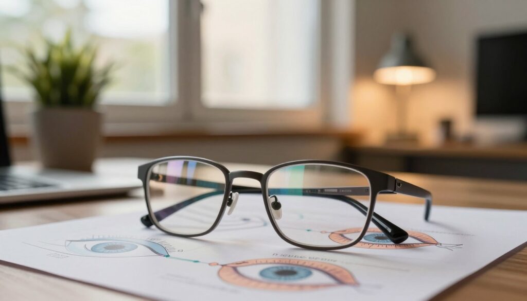 A close-up view of a pair of glasses resting on a desk, symbolizing vision impairment. The foreground features clear, detailed lenses reflecting light, with a soft focus on a genetic diagram of eye structure visible in the background. The middle ground includes a serene workspace with a potted plant and a dimly lit lamp, creating a warm and inviting atmosphere. The background shows a large window with sunlight filtering in, casting soft shadows. The lighting is warm, showcasing the importance of environment in eye health. An overall calm and contemplative mood reflects the relationship between genetics, environment, and lifestyle on vision, inviting the viewer to think deeply about the impact of these factors.