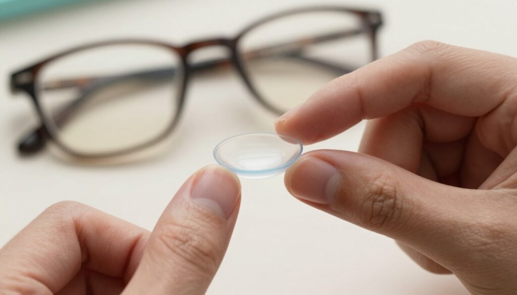 A close-up view of a pair of hands holding a contact lens delicately between the fingertips, showcasing its translucent, curved structure. In the background, a blurred vision of eyeglasses resting on a clean, soft surface, emphasizing the options available for correcting hyperopia. Soft, natural lighting illuminates the scene, creating a warm and inviting mood. The focus is sharp on the contact lens, highlighting its details, while the background is slightly out of focus to create depth. The overall atmosphere is professional and informative, perfect for an educational context about vision correction. A close-up view of a pair of hands holding a contact lens delicately between the fingertips, showcasing its translucent, curved structure. In the background, a blurred vision of eyeglasses resting on a clean, soft surface, emphasizing the options available for correcting hyperopia. Soft, natural lighting illuminates the scene, creating a warm and inviting mood. The focus is sharp on the contact lens, highlighting its details, while the background is slightly out of focus to create depth. The overall atmosphere is professional and informative, perfect for an educational context about vision correction.