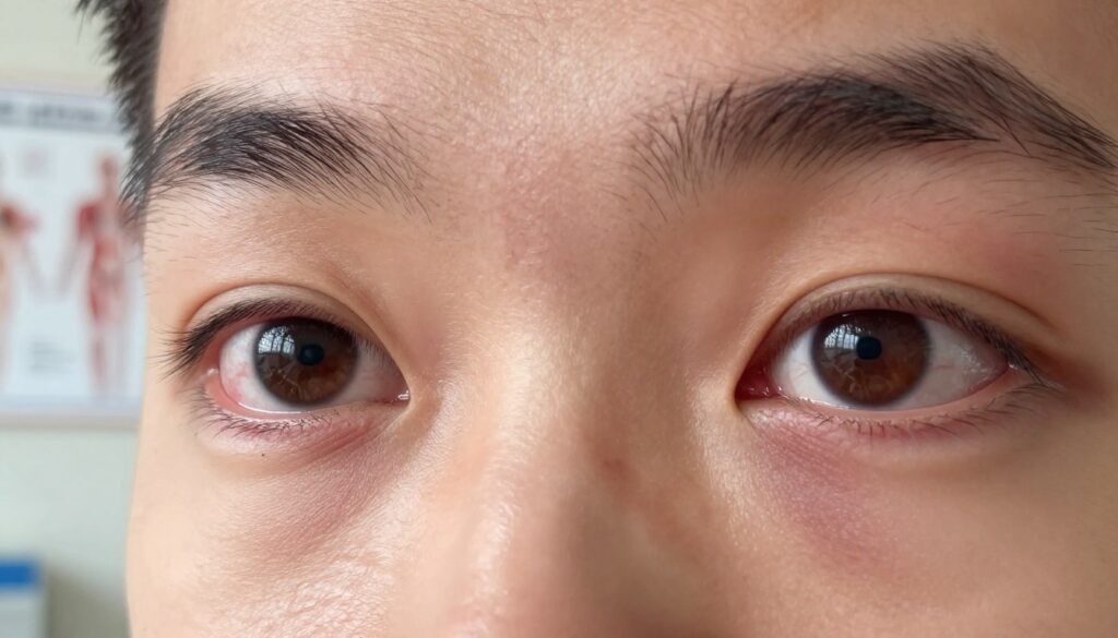 A close-up view of a pair of human eyes exhibiting noticeable symptoms related to thyroid issues, such as swelling and redness. The foreground should prominently feature the eyes, with a soft focus to enhance their details, capturing the subtle veins and reflections that convey strain and concern. In the middle ground, include hints of a medical context, like a blurred background of a doctor's office with charts and anatomical diagrams related to eye health. Use bright, natural lighting to create a clinical atmosphere, with a depth of field that emphasizes the eyes while subtly blurring the background. The overall mood should be serious yet informative, reflecting the significance of recognizing eye symptoms linked to thyroid diseases.