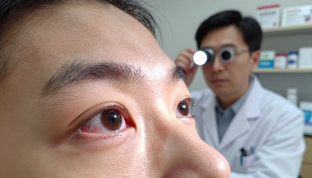 A close-up view of a patient's eyes post-laser eye surgery, showcasing subtle signs of healing. The foreground features the eyes with slightly red sclera and mild sensitivity reflected in the pupils. The middle ground depicts an ophthalmologist in a white coat examining the patient's eyes with a bright, focused light, emphasizing a clinical environment. In the background, shelves filled with medical supplies and eye care pamphlets create a professional atmosphere. Soft, natural lighting casts a gentle glow, highlighting the details in the eyes and the doctor's attentive expression. The mood is calm yet clinical, conveying reassurance about the recovery process and the importance of monitoring any symptoms after the procedure. A close-up view of a patient's eyes post-laser eye surgery, showcasing subtle signs of healing. The foreground features the eyes with slightly red sclera and mild sensitivity reflected in the pupils. The middle ground depicts an ophthalmologist in a white coat examining the patient's eyes with a bright, focused light, emphasizing a clinical environment. In the background, shelves filled with medical supplies and eye care pamphlets create a professional atmosphere. Soft, natural lighting casts a gentle glow, highlighting the details in the eyes and the doctor's attentive expression. The mood is calm yet clinical, conveying reassurance about the recovery process and the importance of monitoring any symptoms after the procedure.