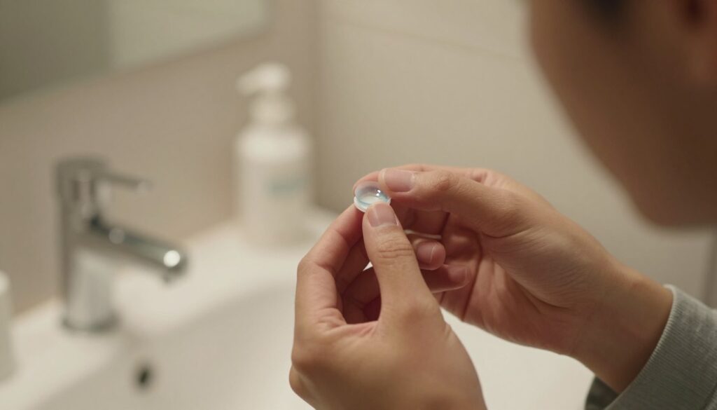 A close-up view of a person carefully applying a contact lens, showcasing precise technique. The foreground features the individual’s focused expression, highlighting their intent and determination; they are wearing modest casual clothing. In the middle, the hand is delicately holding the soft lens, glimmering with a slight reflection of light, suggesting clarity and cleanliness. The background includes a well-organized bathroom sink with soft, warm lighting that creates a calm and inviting atmosphere. The composition emphasizes the importance of proper lens application, with a subtle blur to the background, drawing attention to the detailed interaction. Soft shadows add depth, conveying a sense of calm confidence in the process. A close-up view of a person carefully applying a contact lens, showcasing precise technique. The foreground features the individual’s focused expression, highlighting their intent and determination; they are wearing modest casual clothing. In the middle, the hand is delicately holding the soft lens, glimmering with a slight reflection of light, suggesting clarity and cleanliness. The background includes a well-organized bathroom sink with soft, warm lighting that creates a calm and inviting atmosphere. The composition emphasizes the importance of proper lens application, with a subtle blur to the background, drawing attention to the detailed interaction. Soft shadows add depth, conveying a sense of calm confidence in the process.