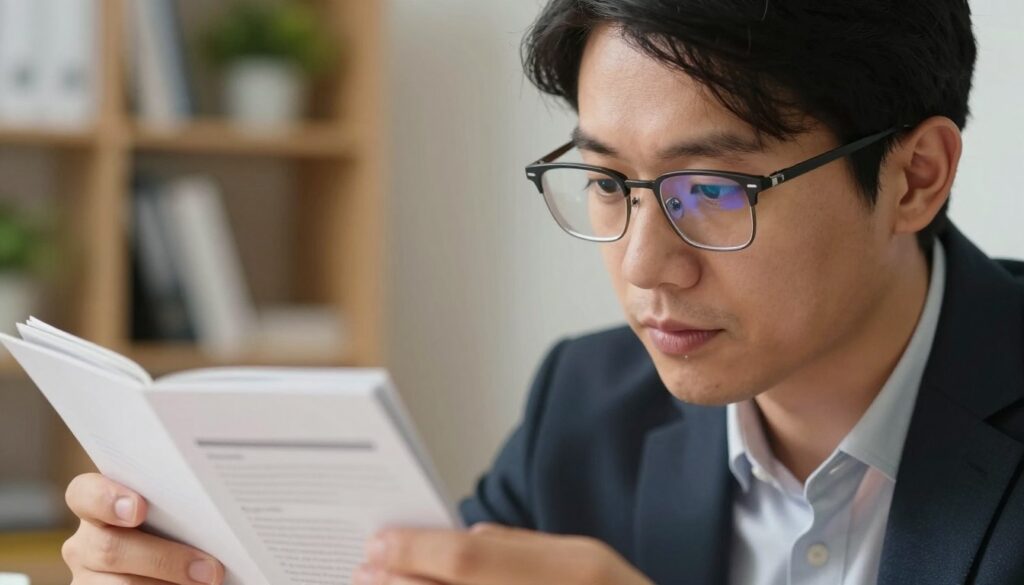 A close-up view of a person in a professional business setting, wearing progressive lenses glasses, thoughtfully examining different objects at varying distances. The foreground features the individual's hands gently handling various reading materials and digital devices, illustrating the adaptation process to multifocal vision. In the middle, the face shows a focused and contemplative expression, highlighting the initial challenges and adjustments of wearing progressive lenses. The background captures a softly lit office environment with blurred elements such as bookshelves and plants, creating a calming atmosphere. The lighting is warm and inviting, showcasing the subtle reflections on the glasses to emphasize clarity and transition in vision. The overall mood conveys a sense of learning and adaptation, with a focus on comfort and practical use of new eyewear. A close-up view of a person in a professional business setting, wearing progressive lenses glasses, thoughtfully examining different objects at varying distances. The foreground features the individual's hands gently handling various reading materials and digital devices, illustrating the adaptation process to multifocal vision. In the middle, the face shows a focused and contemplative expression, highlighting the initial challenges and adjustments of wearing progressive lenses. The background captures a softly lit office environment with blurred elements such as bookshelves and plants, creating a calming atmosphere. The lighting is warm and inviting, showcasing the subtle reflections on the glasses to emphasize clarity and transition in vision. The overall mood conveys a sense of learning and adaptation, with a focus on comfort and practical use of new eyewear.