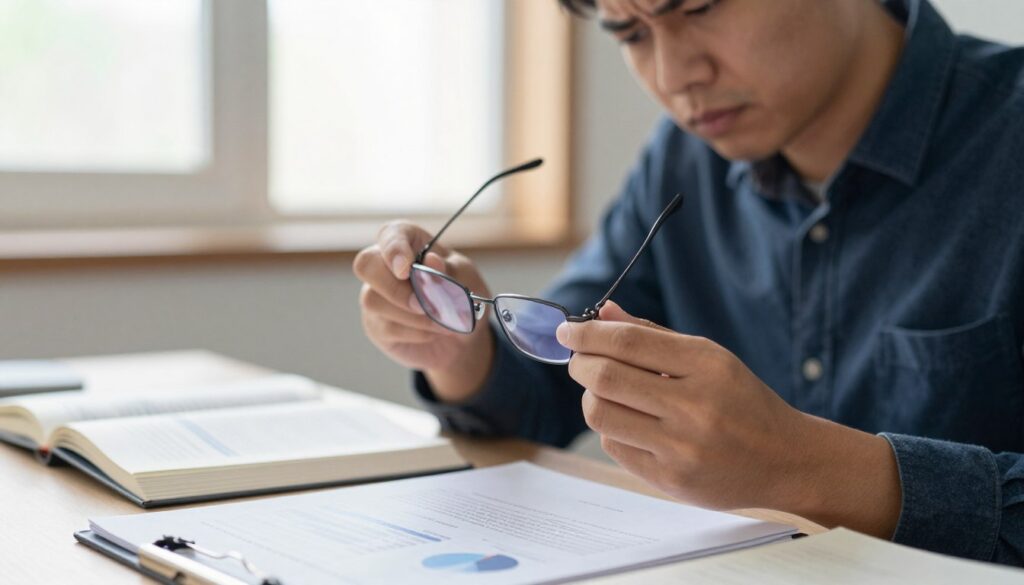 A close-up view of a person in a professional setting, sitting at a desk and examining a pair of eyeglasses thoughtfully. The individual has a slight squint, hinting at subtle visual strain, embodying the signs of needing vision correction. In the background, soft natural light filters through a window, illuminating the room and enhancing the atmosphere of contemplation. On the desk, a well-organized set of reading materials, including a book and a notebook, reflects a lifestyle that values clarity, focus, and attention to detail. The foreground features the eyeglasses, slightly out of focus, symbolizing potential clarity for everyday tasks. The overall mood is one of introspection, showcasing the importance of assessing vision needs for daily life.