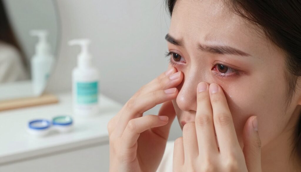 A close-up view of a person sitting in a well-lit room, demonstrating visible eye irritation after wearing contact lenses. The foreground shows the person's face, focusing on their eyes, which appear red and slightly swollen, conveying discomfort. Subtle tears might be present, hinting at sensitivity. In the middle background, a clean, organized vanity table with contact lens care products, including a solution bottle and a contact lens case, reflects a sense of urgency and care. The lighting is bright, simulating a natural feel, making the image both relatable and informative. The atmosphere is serious yet approachable, illustrating the need for immediate attention to eye health without being alarming.