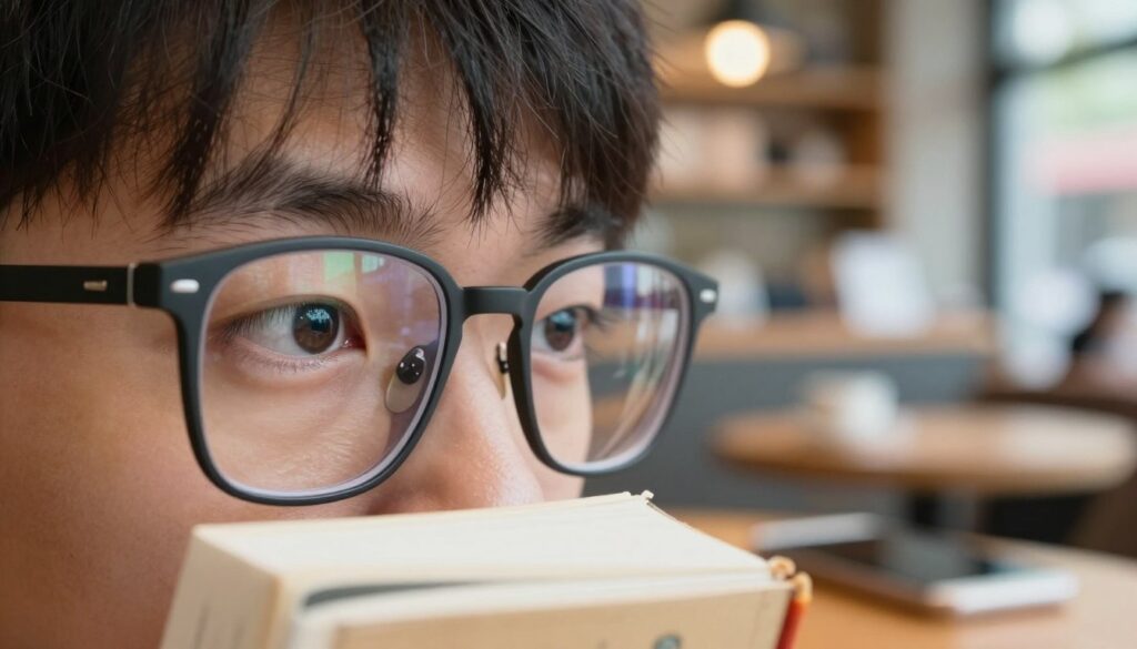 A close-up view of a person wearing professional glasses, showcasing the effect of myopia. The foreground features the person's eyes, emphasizing their struggle to see fine details clearly; the left side of the image is sharp, while the right gradually fades into a soft, blurry haze, illustrating the visual impairment. The middle ground depicts everyday objects like a book or a smartphone, in crisp clarity on the left side, and becoming indistinct towards the right. The background reveals a softly blurred environment, possibly a cozy café or library setting with soft, warm lighting. The atmosphere conveys a sense of introspection and quiet challenge, inviting the viewer to understand the world through the eyes of someone with short-sightedness. The composition should be vibrant yet subdued, avoiding any chaotic elements that might distract from the focus on the visual impairment. A close-up view of a person wearing professional glasses, showcasing the effect of myopia. The foreground features the person's eyes, emphasizing their struggle to see fine details clearly; the left side of the image is sharp, while the right gradually fades into a soft, blurry haze, illustrating the visual impairment. The middle ground depicts everyday objects like a book or a smartphone, in crisp clarity on the left side, and becoming indistinct towards the right. The background reveals a softly blurred environment, possibly a cozy café or library setting with soft, warm lighting. The atmosphere conveys a sense of introspection and quiet challenge, inviting the viewer to understand the world through the eyes of someone with short-sightedness. The composition should be vibrant yet subdued, avoiding any chaotic elements that might distract from the focus on the visual impairment.