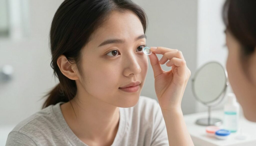 A close-up view of a person with a gentle, focused expression, sitting at a well-lit bathroom mirror, demonstrating the safe application of contact lenses. In the foreground, the person's hand holds a contact lens delicately above their eye. The individual's attire is modest casual, with soft natural lighting illuminating their face, highlighting careful concentration. The middle background shows a clear, organized countertop with lens solution, a contact lens case, and a small mirror, emphasizing a hygienic environment. The overall atmosphere is calm and instructional, conveying a sense of ease and safety, focusing on clear eye health and precise lens application techniques.