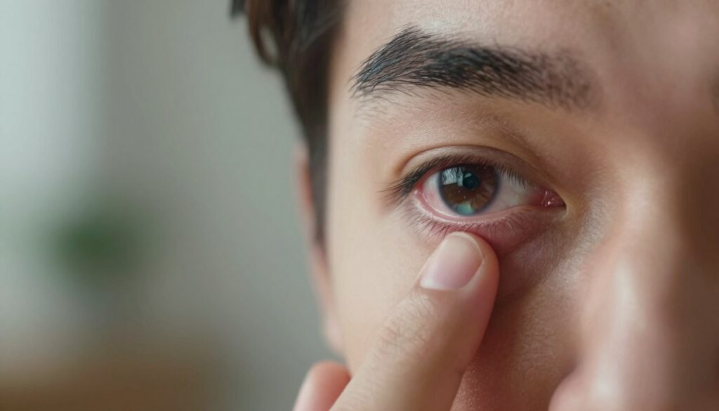A close-up view of a person's eye, showing visible discomfort caused by contact lenses. The eye should appear slightly red and irritated, with a focused portrayal of the lens itself, emphasizing its presence and the impact on the eye. In the foreground, a hand gently touches the eyelid, showcasing a careful examination of the situation. The middle ground features a softly blurred, neutral-toned background, suggesting an indoor setting like a home or office. Natural light streams in from the side, creating a warm but alert atmosphere, highlighting the seriousness of ignoring lens discomfort. The overall mood is one of caution and awareness, aiming to stimulate concern over neglected warning signs related to contact lens use.