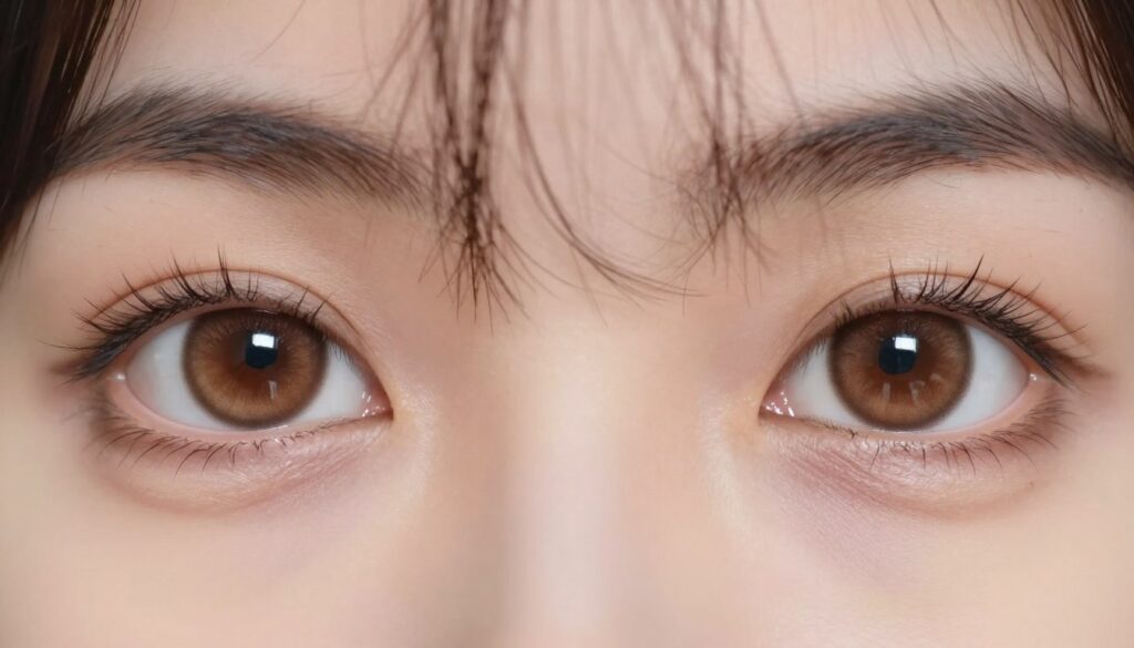 A close-up view of a person's eyes wearing glossy brown contact lenses, showcasing the striking contrast against their natural eye color. The foreground highlights the detailed texture and rich hue of the lenses, capturing reflections of light to emphasize their glossy finish. In the middle ground, the person's face is softly blurred, dressed in a smart casual outfit, providing a neutral backdrop that does not detract from the lenses. The background is softly focused with warm lighting that creates an inviting atmosphere, enhancing the brown tones of the lenses. The mood is calm and introspective, inviting viewers to contemplate the transformation effect of the brown lenses on eye color.