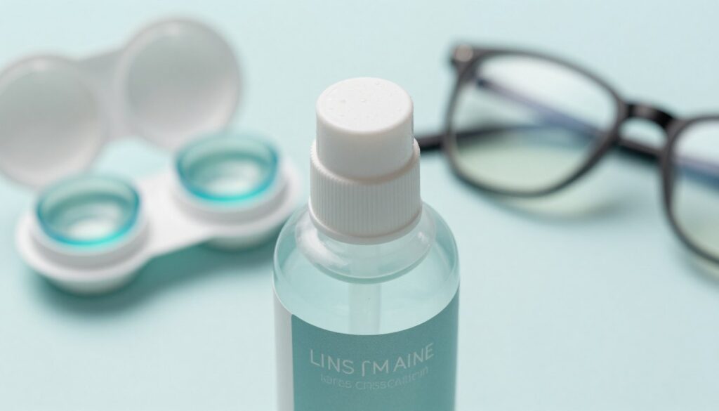 A close-up view of a sleek, modern bottle of lens cleaning solution, prominently displayed in the foreground. The bottle features a minimalist design with a subtle label indicating its purpose, set against a blurred background that includes a soft-focus image of contact lenses in a case and a pair of stylish eyeglasses. Soft natural lighting illuminates the scene, casting gentle reflections on the bottle’s surface, emphasizing its clarity and purity. The color palette consists of soothing blues and greens, evoking a sense of calm and cleanliness. The atmosphere is professional and inviting, suitable for a healthcare or personal care context, devoid of any human presence, ensuring a focus on the product itself.
