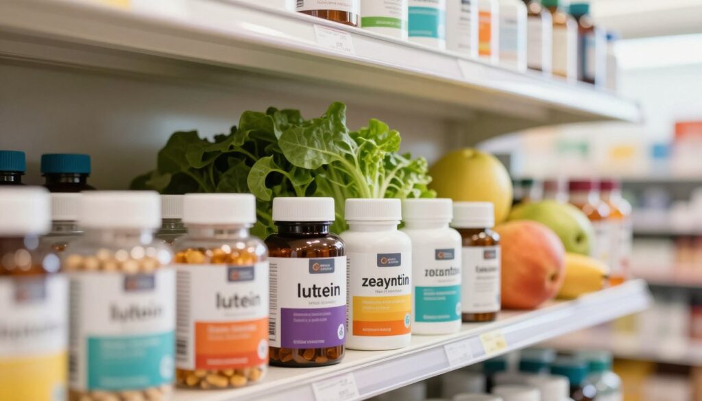 A close-up view of a vibrant supplement shelf showcasing various vitamin bottles specifically aimed at promoting eye health. In the foreground, focus on a variety of eye vitamin supplements with bright, eye-catching labels that include ingredients like lutein, zeaxanthin, and vitamin A. The middle layer features a subtle arrangement of fresh leafy greens and colorful fruits, symbolizing natural sources of eye-healthy nutrients. The background should be softly blurred, depicting a well-lit pharmacy or health store environment, filled with light wood shelves. Natural daylight streams in from a nearby window, creating a warm, inviting atmosphere. Aim for a professional and informative mood, perfect for an article segment about choosing the right vitamins for eye care.