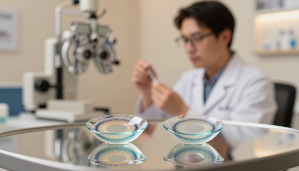 A close-up view of progressive contact lenses displayed elegantly in a polished, soft-focus environment. In the foreground, a pair of contact lenses rest on a sleek, reflective surface, showcasing their intricate design and varying prescription zones. In the middle ground, a professional-looking optometrist, wearing smart casual attire, carefully inspects a lens with a pair of tweezers, embodying expertise and care. The background features a softly blurred eye examination room, with warm ambient lighting creating a welcoming and informative atmosphere. The overall mood should evoke trust and professionalism, emphasizing the importance of choosing the right progressive lenses to match an individual’s lifestyle. The composition highlights clarity, detail, and a sense of luxury in eye care.