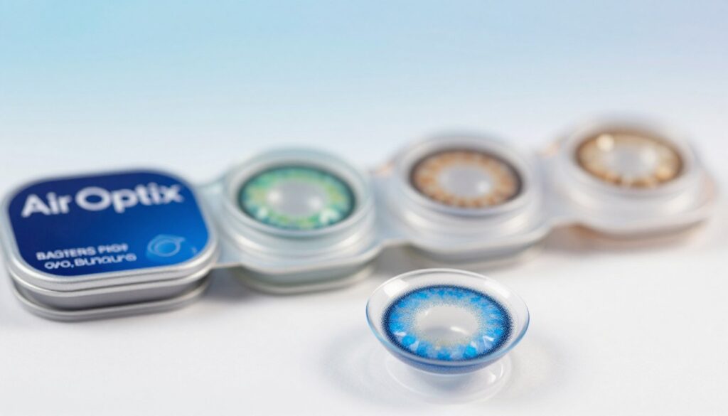 A close-up view of the Air Optix Colors contact lenses displayed elegantly in their packaging. The foreground features a pair of vibrant, blue contact lenses glistening under soft, natural lighting, emphasizing their unique texture and vivid colors. In the middle background, an assortment of Air Optix Colors lenses in various shades, including green and brown, is neatly arranged to showcase the range of options available. The backdrop is a soft-focus gradient that transitions from a light blue to subtly complement the lenses, creating a serene atmosphere. The overall mood is sophisticated and inviting, perfect for showcasing the beauty of contact lenses that enhance natural eye color.