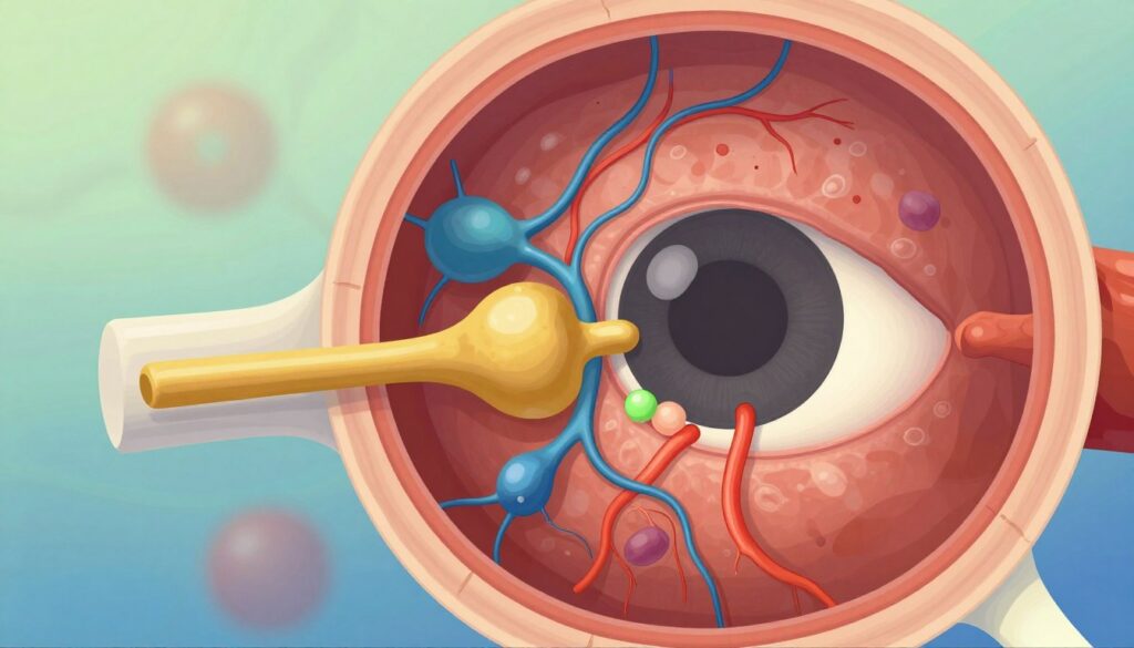 A close-up view of the human Retina and an illustrated depiction of the macula, highlighting macular degeneration (AMD). In the foreground, showcase the detailed structure of healthy and affected macular tissues, with different colors representing their conditions. The middle ground includes vibrant retinal neurons and blood vessels, symbolizing the eye's complexity. In the background, softly blurred, a gentle gradient of green and blue colors suggests a calm, educational atmosphere. Use soft, diffused lighting to enhance the textures and dynamics of the eye, reminiscent of a medical illustration. Capture the image from a slight angle to create depth, emphasizing the importance of eye health. The overall mood should be informative and enlightening, ideal for an educational setting.