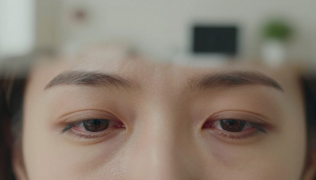 A close-up view of tired eyes, exhibiting signs of strain and fatigue. The foreground features a person's eyes, slightly squinting, showcasing dark circles and redness. In the middle ground, subtle visual representations of common symptoms like blurriness and dryness, created with soft focus and blurred edges. The background includes a comforting, neutral-toned environment, suggesting a quiet workspace or study area, with soft, diffused lighting to evoke calmness. A shallow depth of field highlights the eyes as the main subject while creating a serene atmosphere. The overall mood conveys the importance of taking breaks and practicing eye exercises. A close-up view of tired eyes, exhibiting signs of strain and fatigue. The foreground features a person's eyes, slightly squinting, showcasing dark circles and redness. In the middle ground, subtle visual representations of common symptoms like blurriness and dryness, created with soft focus and blurred edges. The background includes a comforting, neutral-toned environment, suggesting a quiet workspace or study area, with soft, diffused lighting to evoke calmness. A shallow depth of field highlights the eyes as the main subject while creating a serene atmosphere. The overall mood conveys the importance of taking breaks and practicing eye exercises.