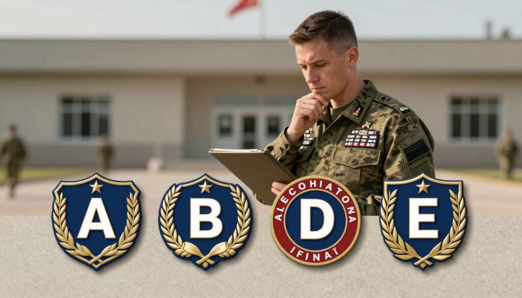 A conceptual illustration depicting military categories A, B, D, and E, represented through symbolic imagery. In the foreground, a set of four distinct badges or emblems, each uniquely designed to reflect the characteristics and criteria of the respective categories, set against a neutral, textured background. In the middle, a soldier in professional attire stands looking thoughtfully at a military dossier, conveying both determination and introspection about the implications of these categories on service. The background features a blurred military base, hinting at the environment in which these classifications are relevant. Soft, focused lighting highlights the badges, while creating a serious and contemplative atmosphere, emphasizing the importance of vision assessment in military qualification. A subtle depth of field effect adds to the professionalism of the scene.