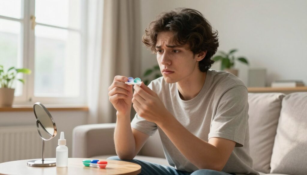 A concerned but hopeful young adult in a cozy living room, seated in front of a large window with soft sunlight streaming in. They are gently holding a pair of colorful contact lenses in their hand, inspecting them closely, symbolizing the excitement of "first days wearing." In the foreground, a small table with a contact lens case, solution bottle, and a mirror. The middle ground features the person’s thoughtful expression, showcasing a mix of curiosity and slight apprehension. The background has light-colored walls and a few indoor plants, creating a warm and inviting atmosphere. Soft, natural light enhances the clarity and comfort of the scene, conveying a sense of anticipation and adjustment. The overall mood is calm, supportive, and informative.